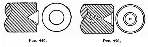 При употреблении хотя бы и медного молотка, неправильно разделанный центр, показанный на рис. 119, будет забиваться и заусеница, полученная от надавливания центра на оправку